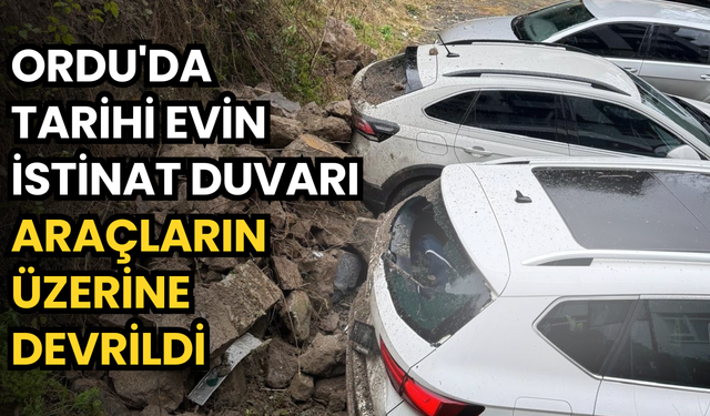 Ordu'da tarihi evin istinat duvarı araçların üzerine devrildi