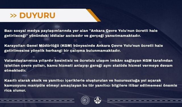KGM'den 'Ankara Çevre Yolu'nun ücretli hale getirileceği' iddialarına yalanlama