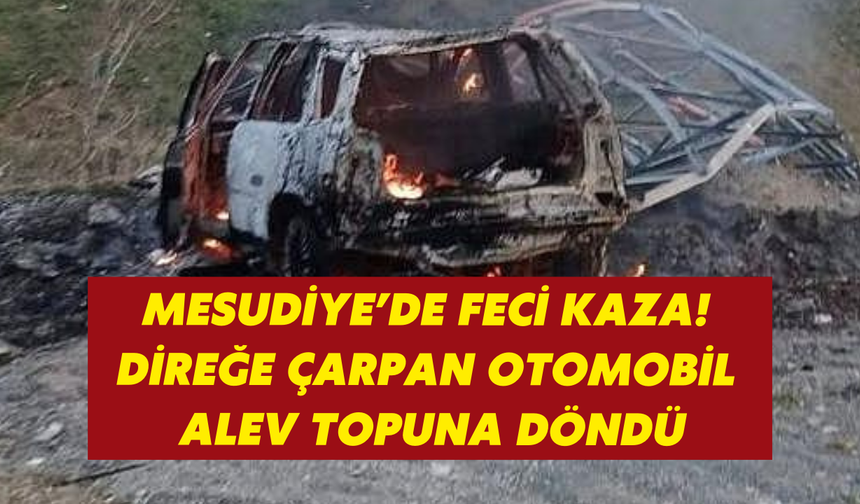 Mesudiye’de feci kaza! Direğe çarpan otomobil alev topuna döndü
